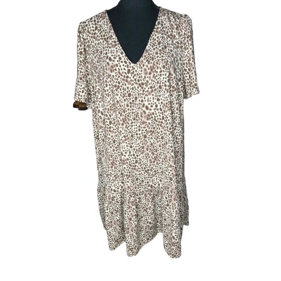 A New Day Leopard Drop Waist Ruffle Dress Size L Cream Brown Short Sleeve Mini - Picture 2 of 8